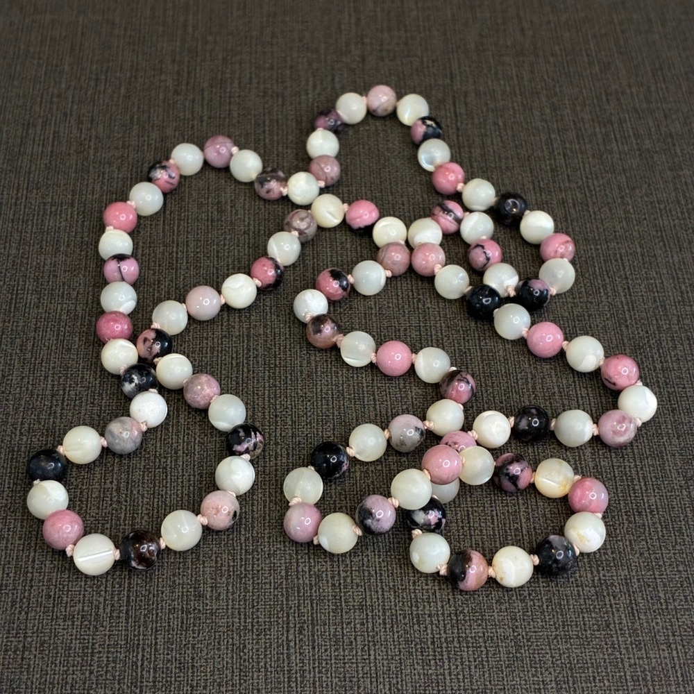 Vintage Necklace Mother Of Pearl Rhodonite Hand Knotted Pink Cream Beaded 27"